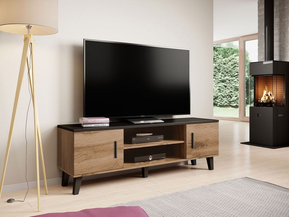Veneti TV stolík 160 cm OLINA - dub wotan / čierny